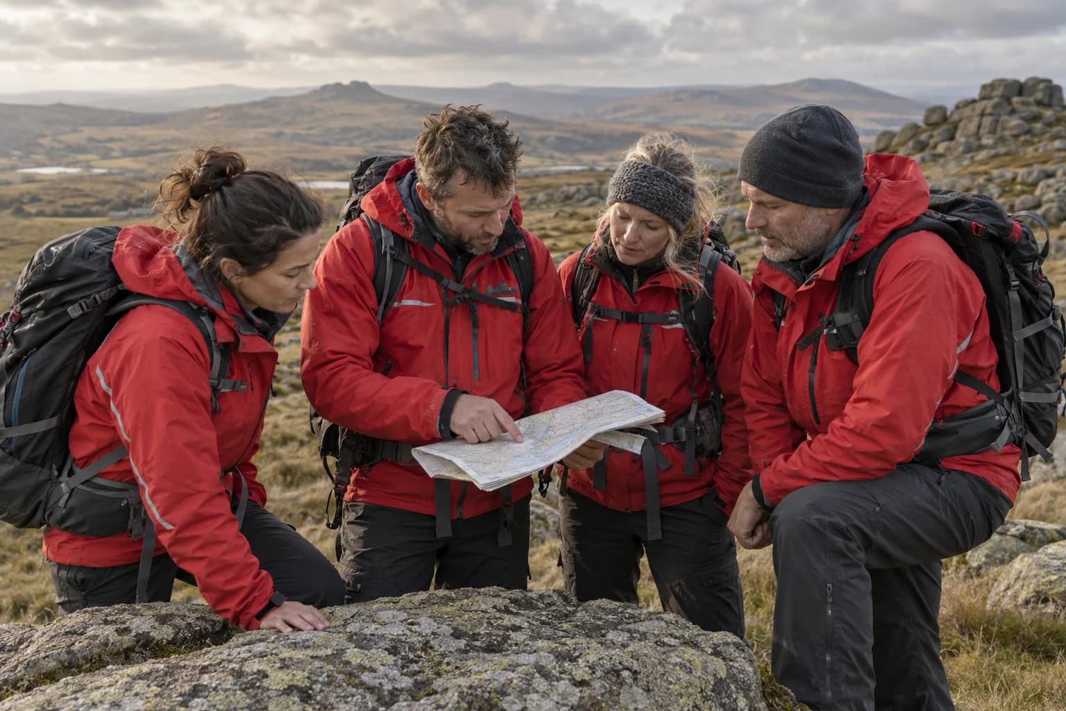 AI illustration of rescue volunteers planning a route on Dartmoor