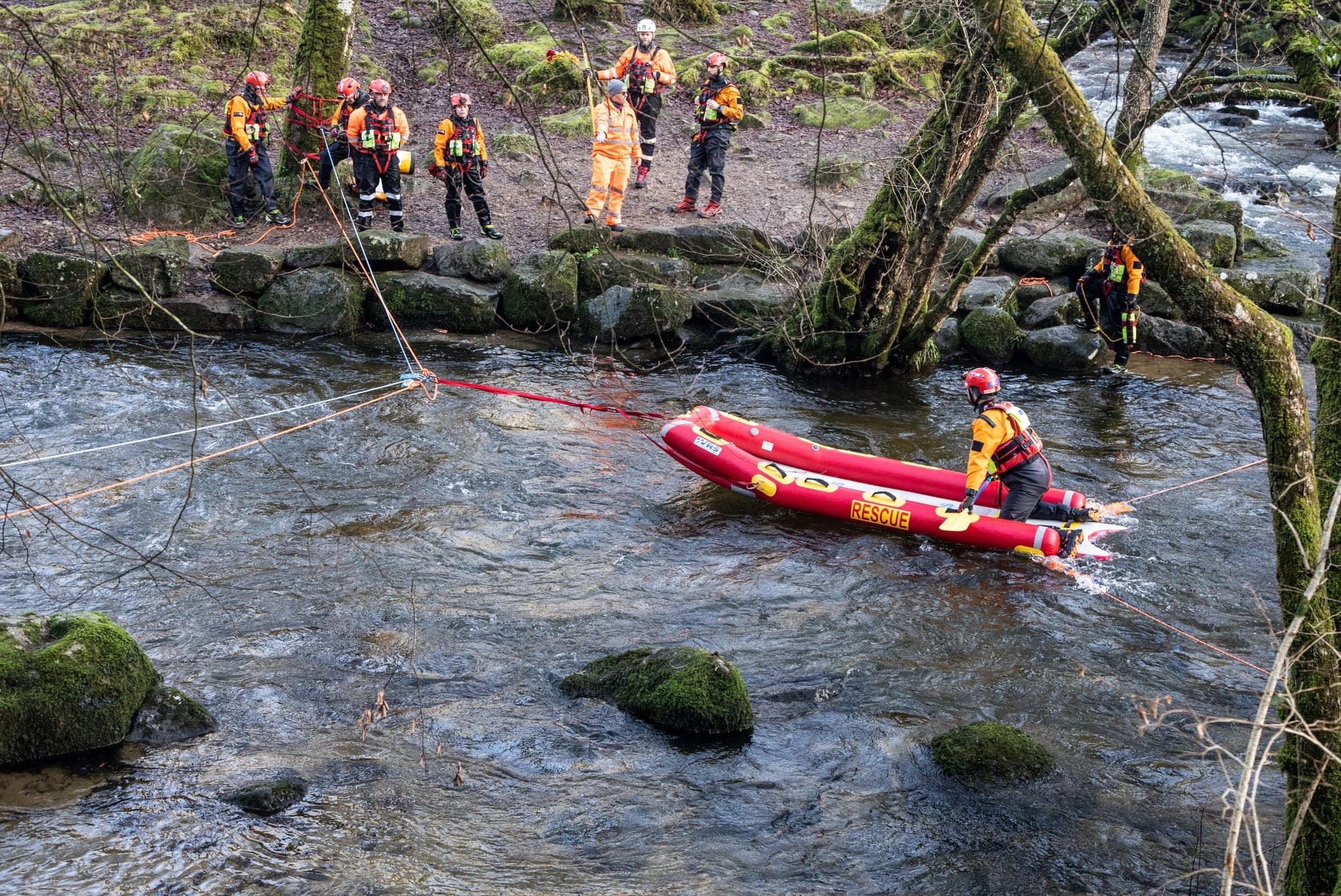 Rescue team using a tethered raft