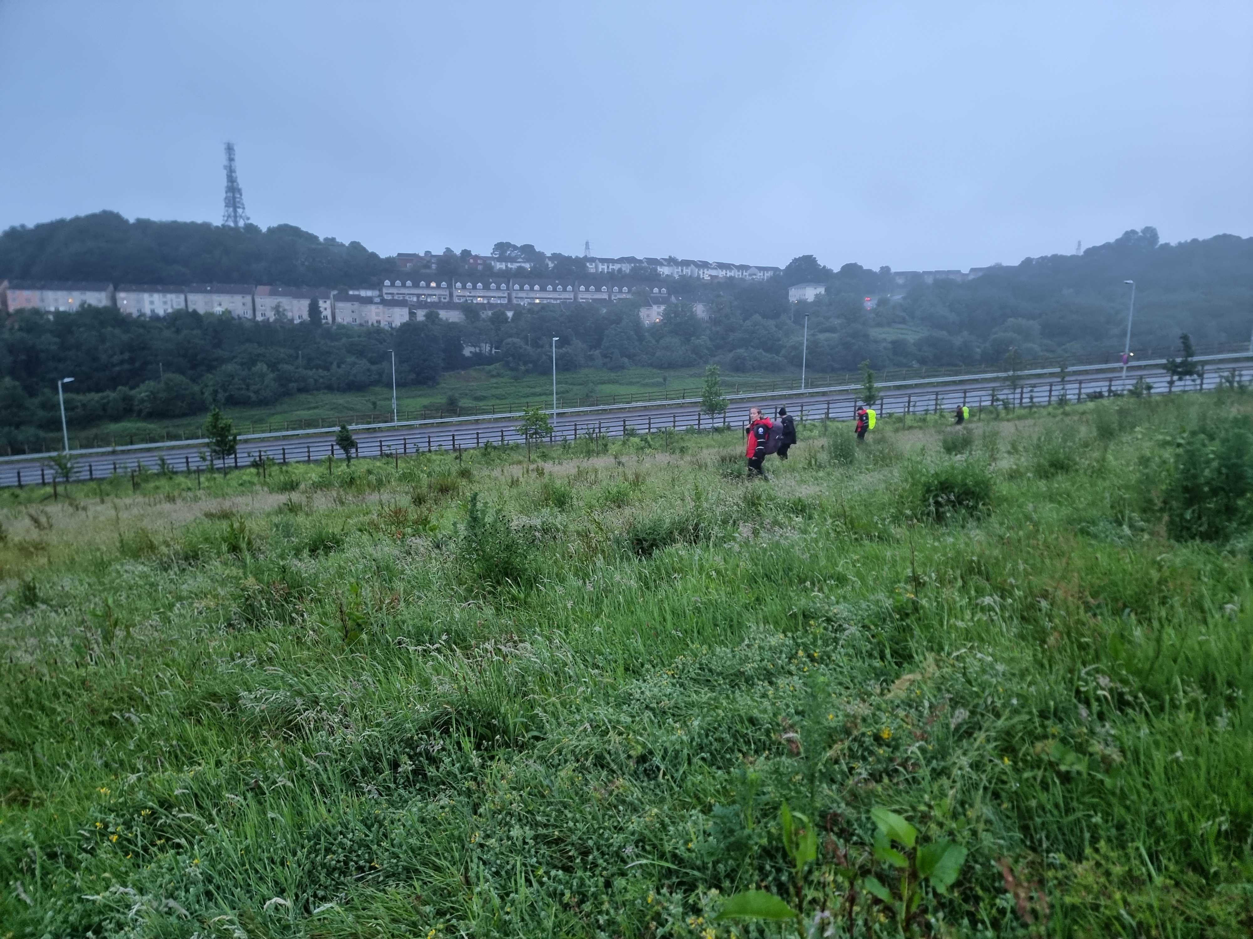 Team members searching over grown terrain around Derriford